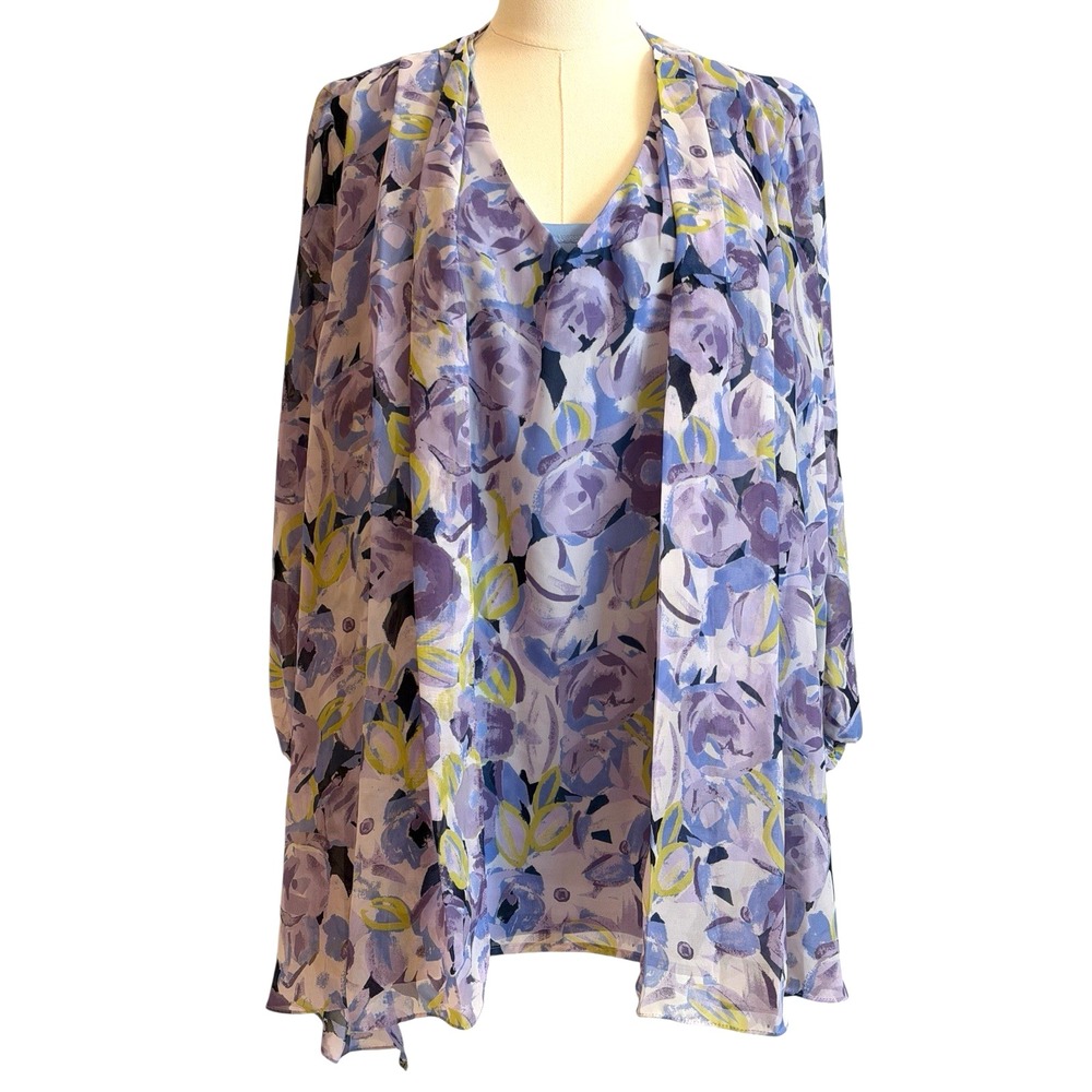 Sag Harbor Floral Twin Set Cardigan Tank Womens Size XL Purple Chiffon Top